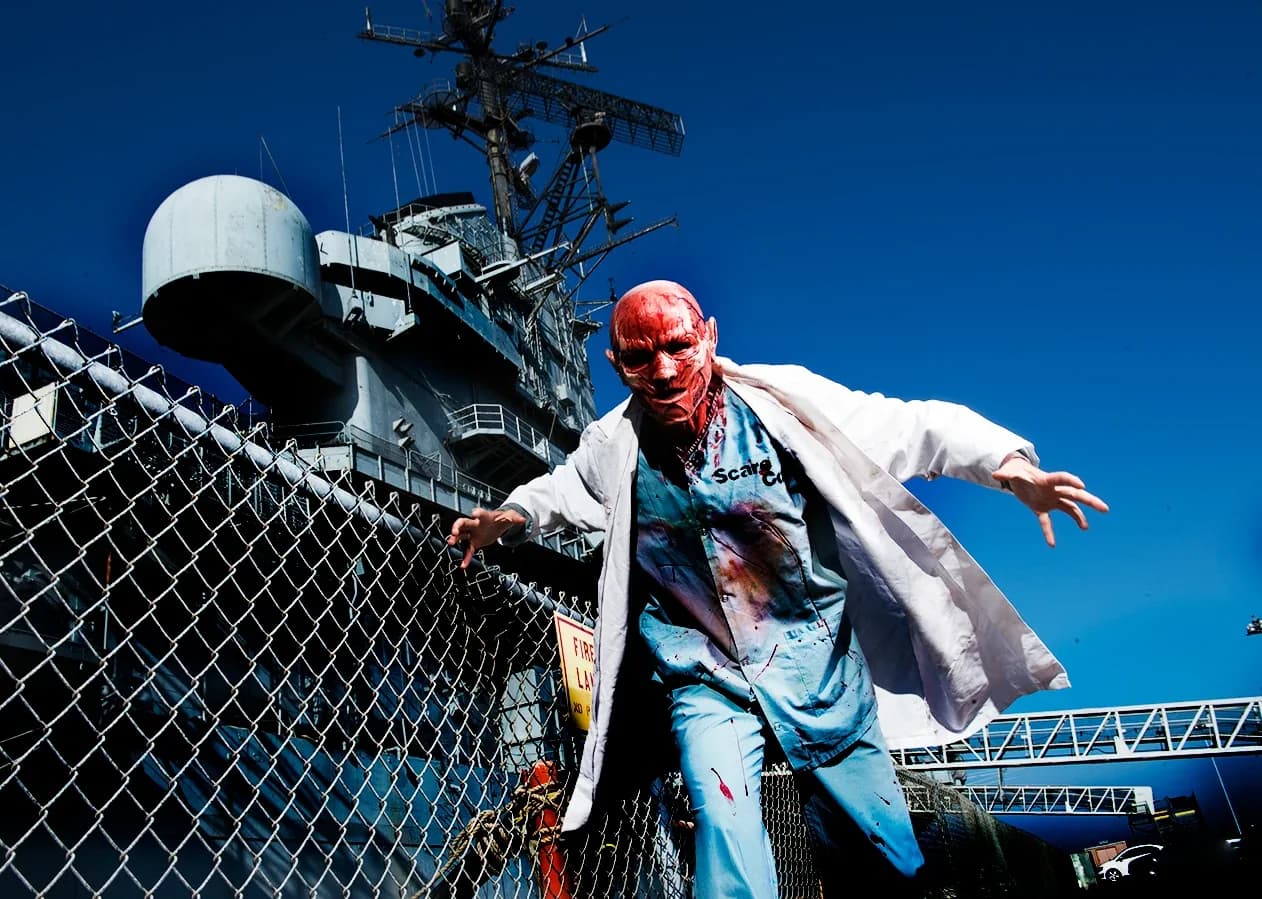 A man in a blood-stained lab coat with a red face reaching out from behind a chain link fence, the carrier behind him.