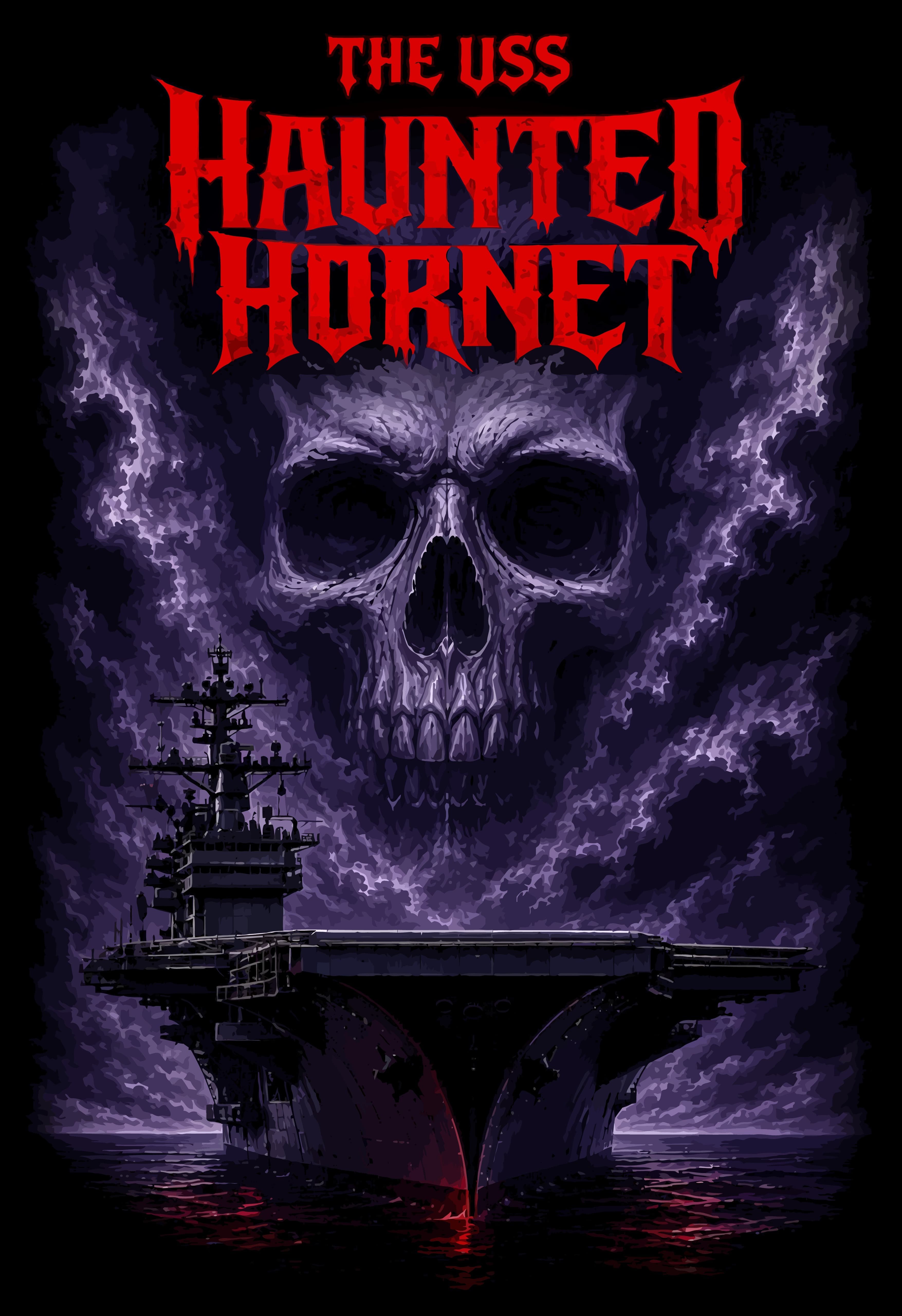 The USS Haunted Hornet: a vast skull looming in purple storm clouds above an aircraft carrier on dark water, its bow lit blood red.
